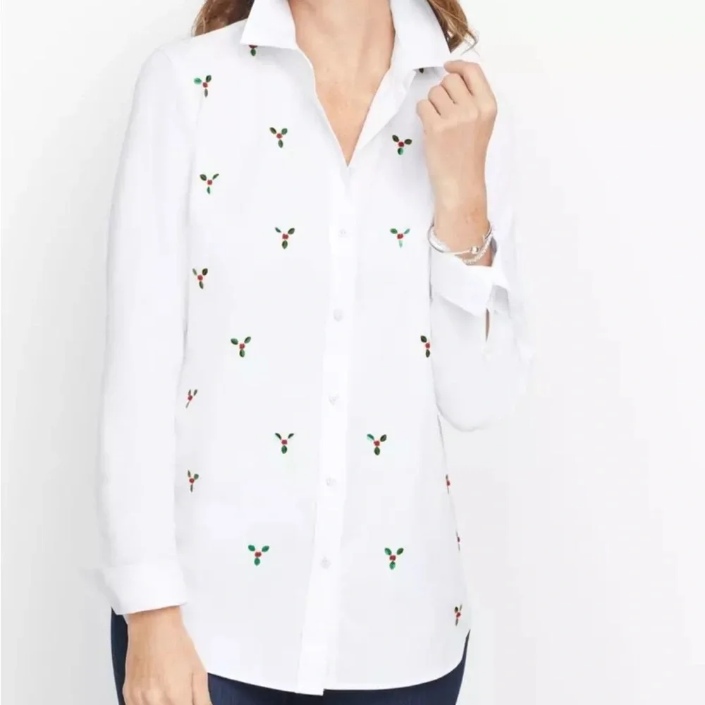 Talbots Women’s Button Down Shirt Small Sequin Holly Berry White Cotton Blouse - Picture 9 of 11